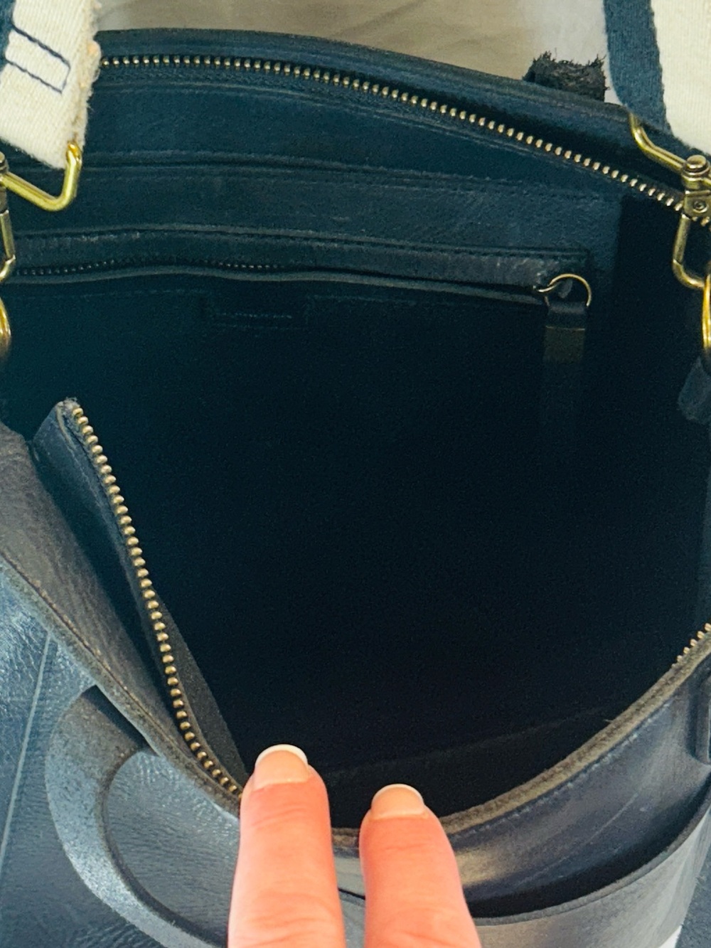 Madewell Deep Teal Leather Tote with Striped Canvas Strap - Picture 7 of 11